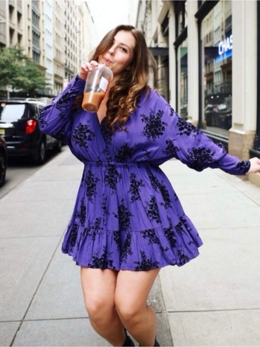 Zara Purple V-Neck Tiered Floral Mini Dress